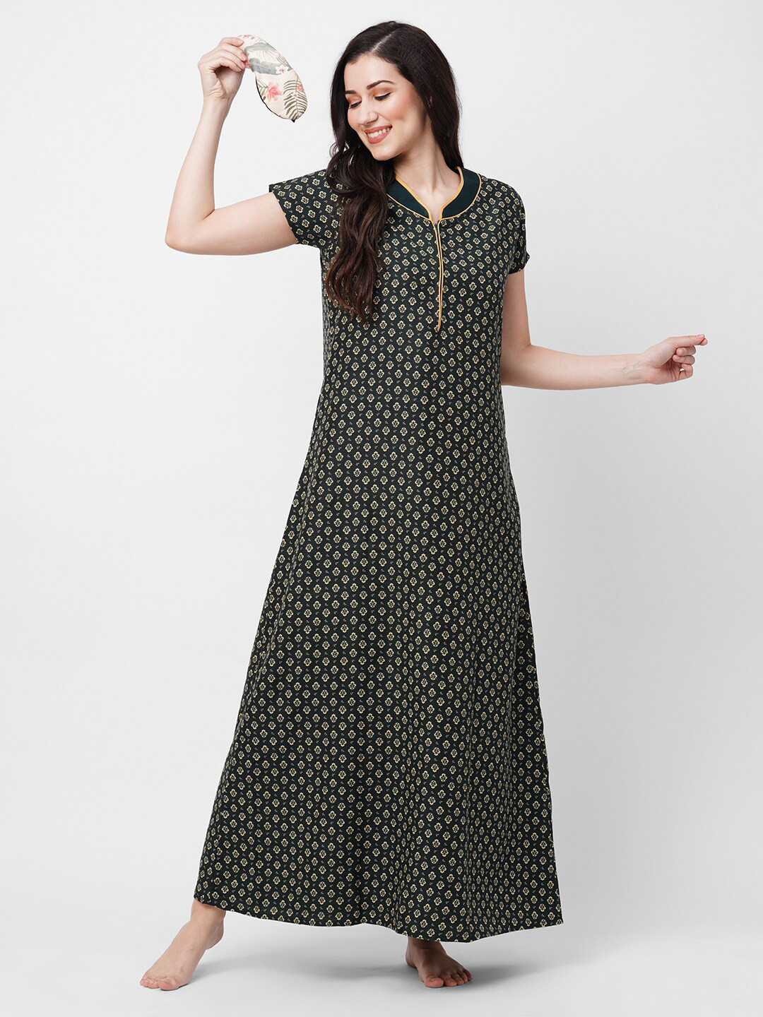 

Sweet Dreams Green Ethnic Motifs Printed Maxi Nightdress