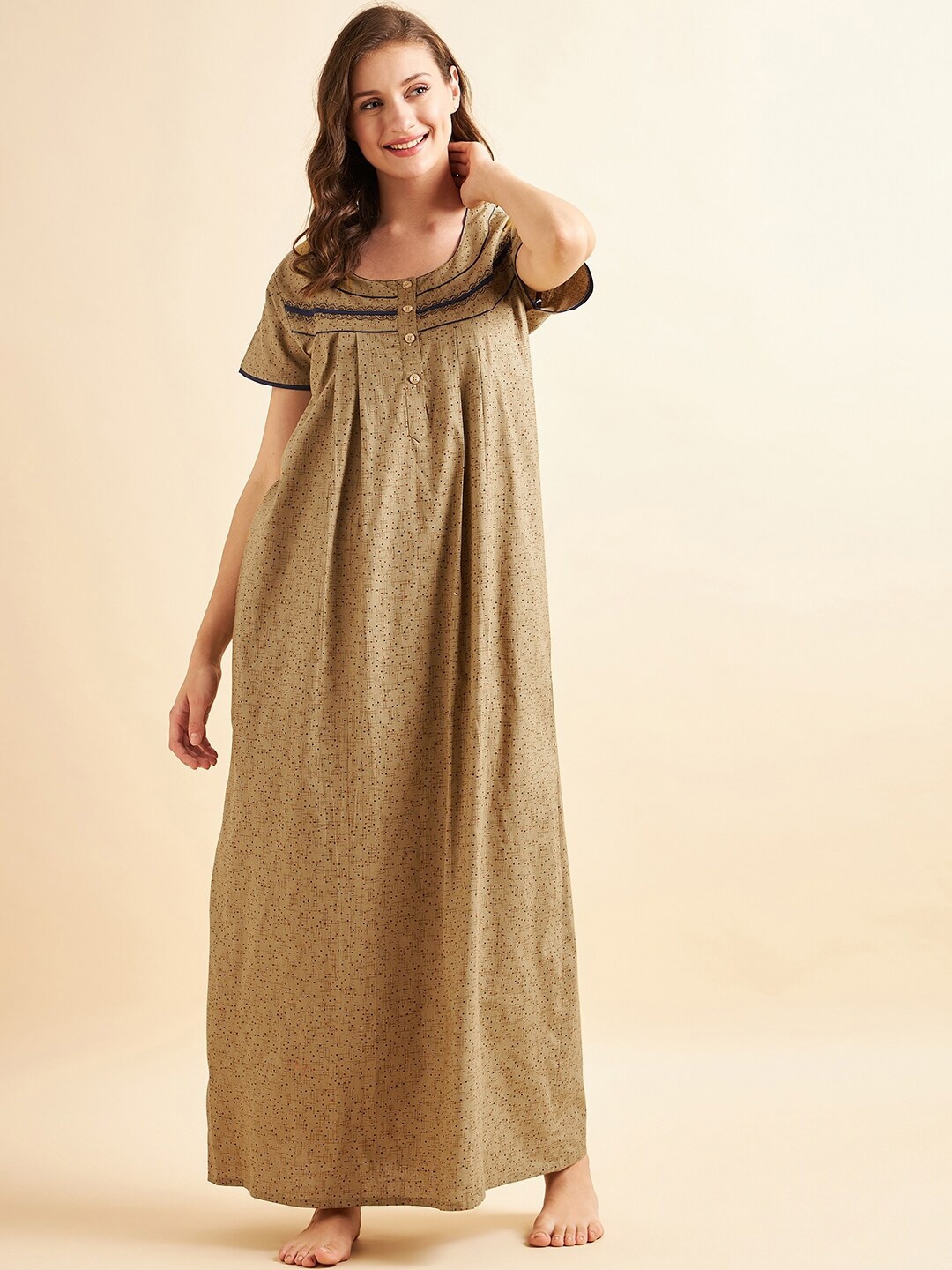 

Sweet Dreams Khaki Polka Dots Printed Pure Cotton Maxi Nightdress