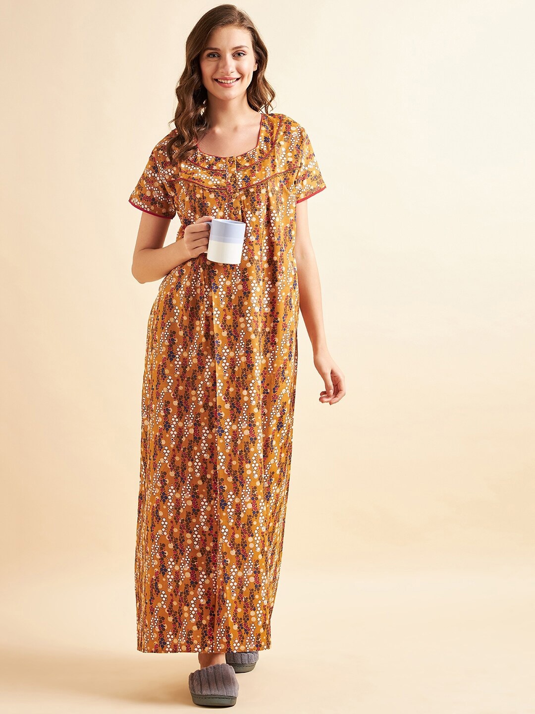 

Sweet Dreams Mustard Polka Dots Printed Cotton blend Maxi Nightdress