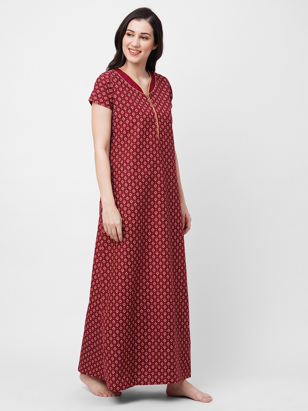

Sweet Dreams Maroon Ethnic Motifs Printed Maxi Nightdress