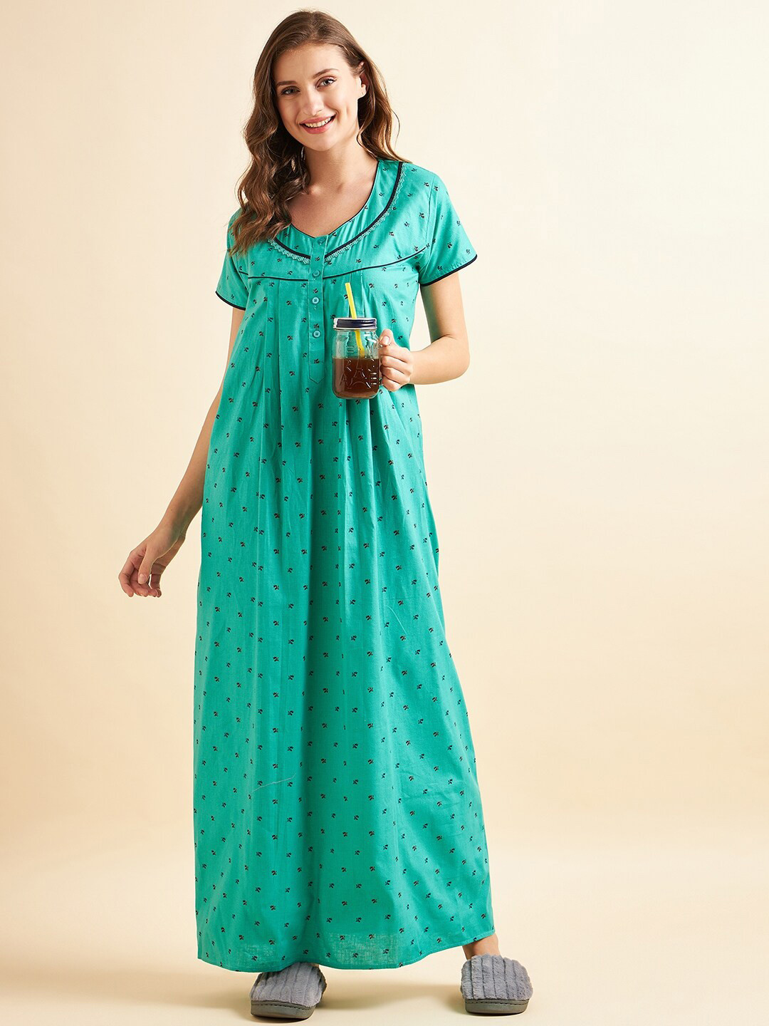 

Sweet Dreams Green Floral Printed Pure Cotton Maxi Nightdress