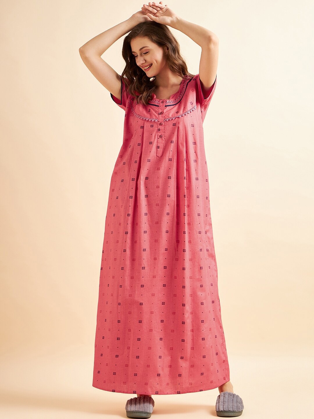 

Sweet Dreams Red & Blue Ethnic Motifs Printed Pure Cotton Maxi Nightdress