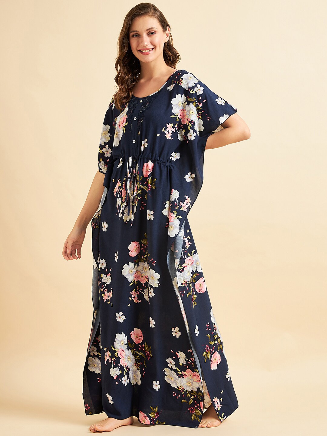 

Sweet Dreams Navy Blue & Pink Floral Printed Maxi Kaftan Nightdress