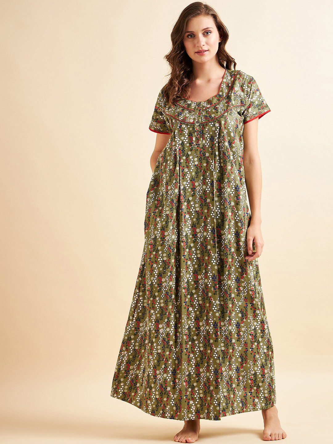 

Sweet Dreams Green & Red Polka Dots Printed Maxi Nightdress