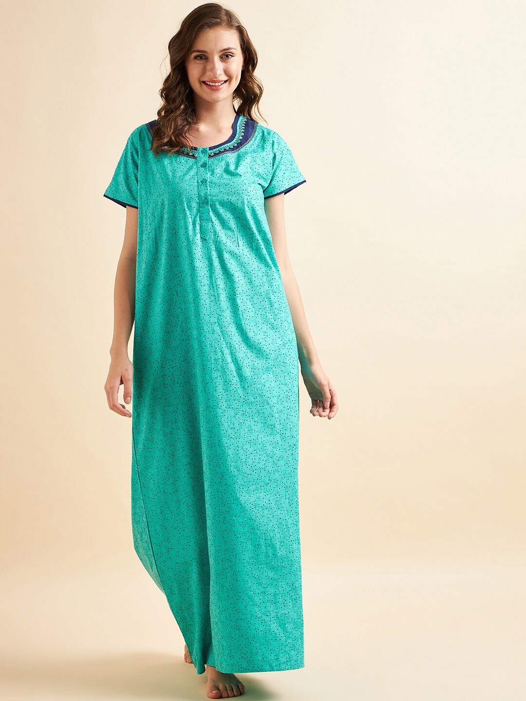 

Sweet Dreams Green Polka Dots Printed Pure Cotton Maxi Nightdress