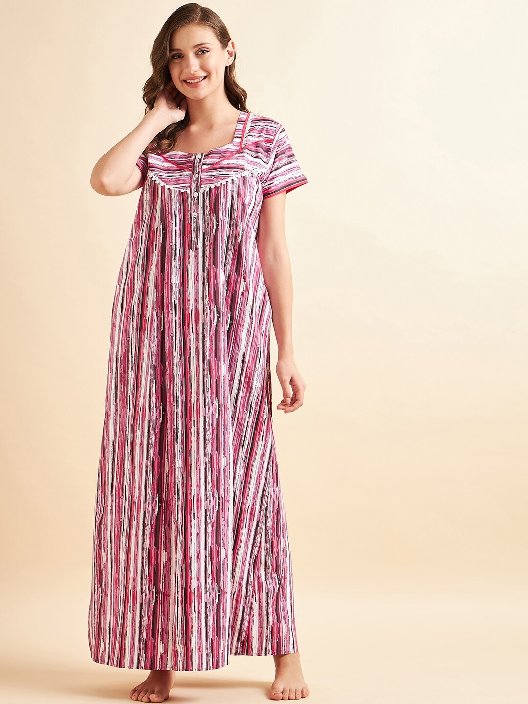 

Sweet Dreams Women Pink & White Striped Maxi Nightdress