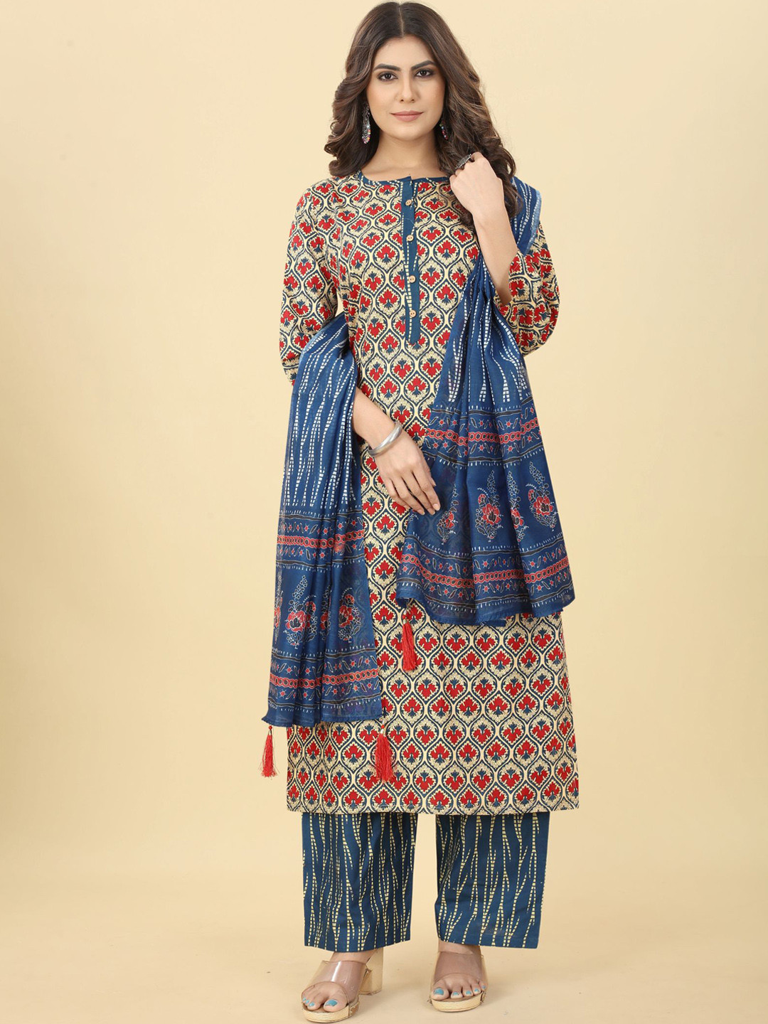 

KALINI Floral Printed Straight Kurta With Palazzos & Dupatta, Cream