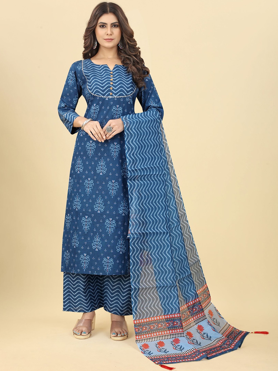 

KALINI Ethnic Motif Printed Straight Gotta Patti Kurta With Palazzos & Dupatta, Blue