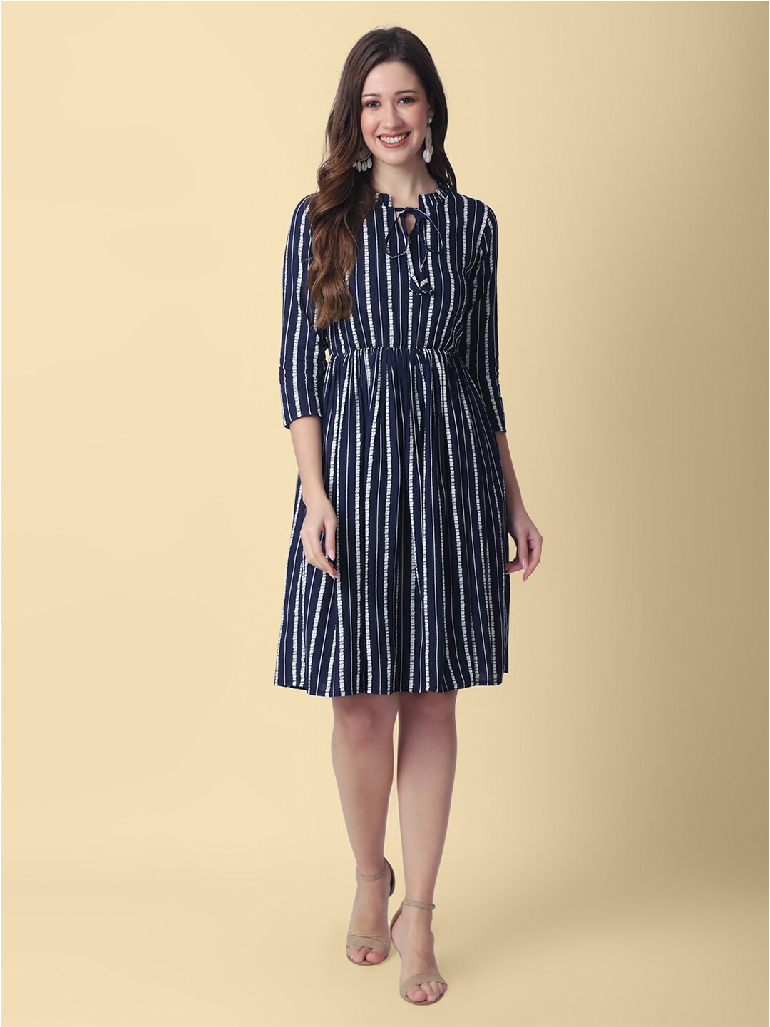 

DAEVISH Striped Fit and Flare Dress, Blue