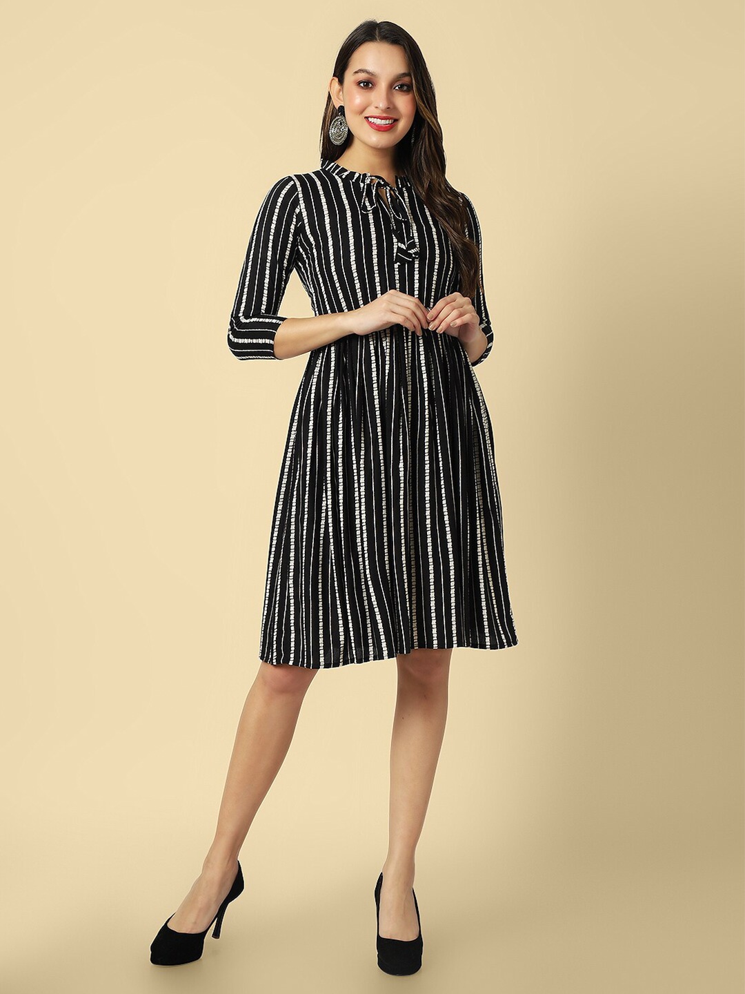 

DAEVISH Striped Fit & Flare Dress, Black