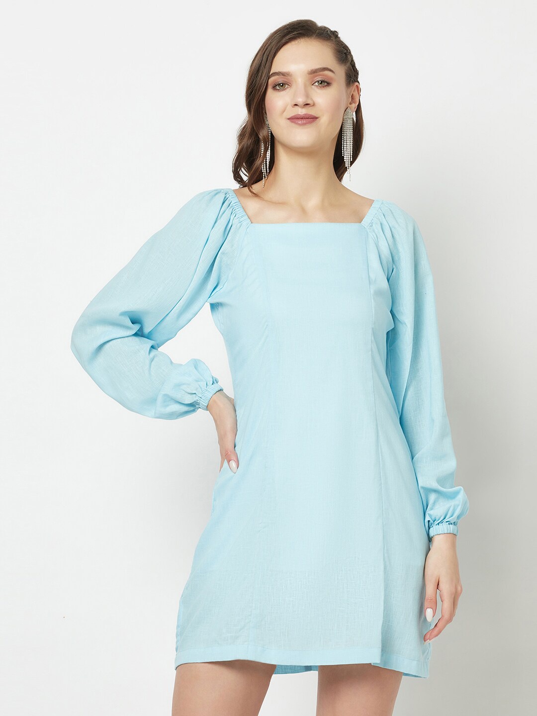 

Crimsoune Club Square Neck Puff Sleeve A-Line Dress, Blue