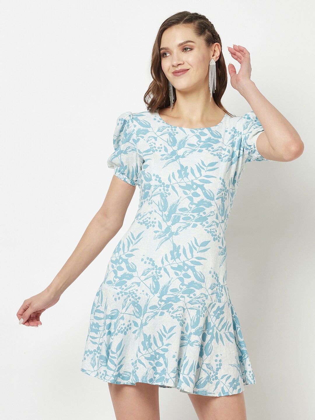 

Crimsoune Club Floral Print Linen Drop-Waist Mini Dress, Blue
