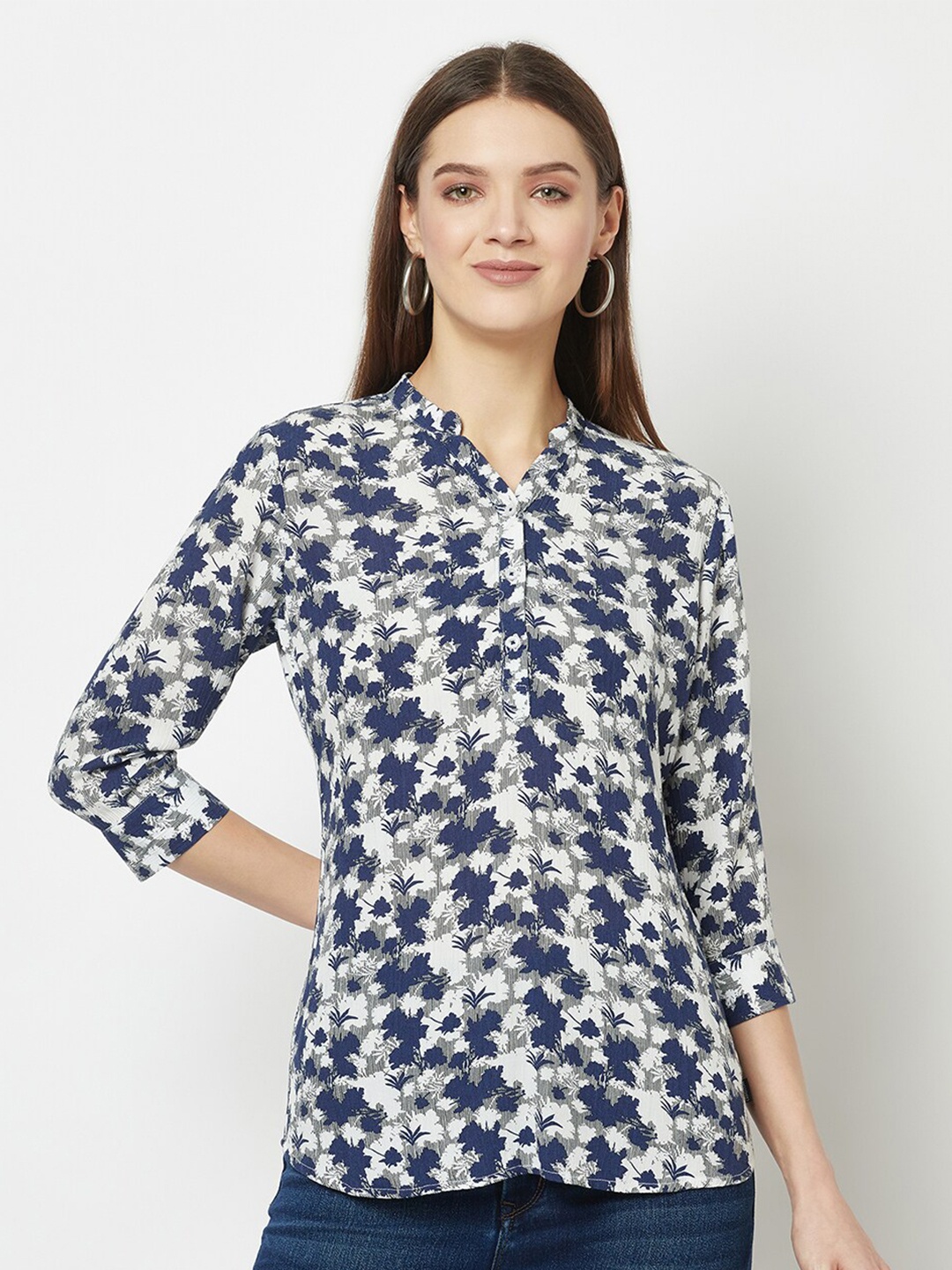 

Crimsoune Club Floral Printed Mandarin Collar Top, Blue