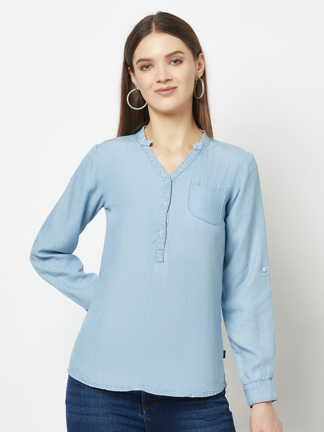 

Crimsoune Club Henley Neck Cuffed Sleeve Denim Top, Blue