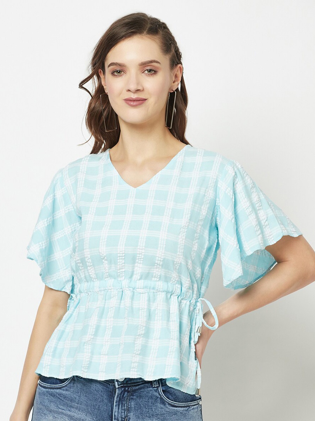 

Crimsoune Club Checked Flared Sleeves Cinched Waist Top, Blue