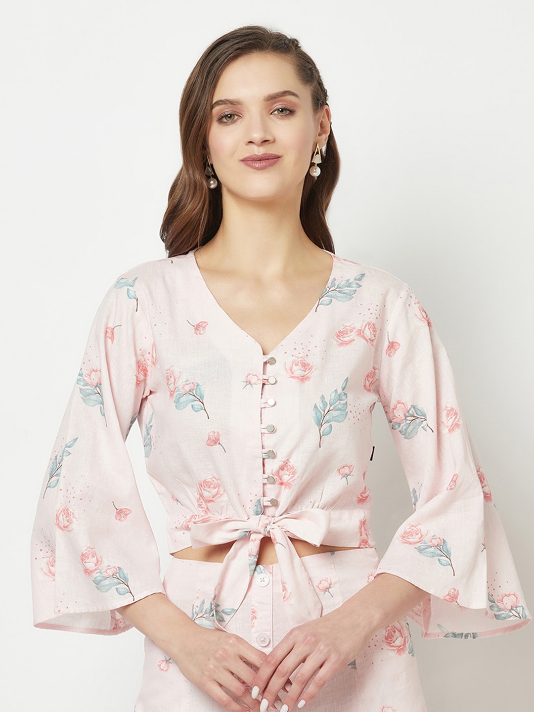 

Crimsoune Club Floral Printed Flared Sleeves Crop Top, Pink