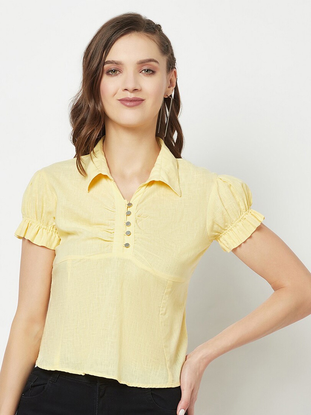 

Crimsoune Club Puff Sleeves Shirt Style Top, Yellow