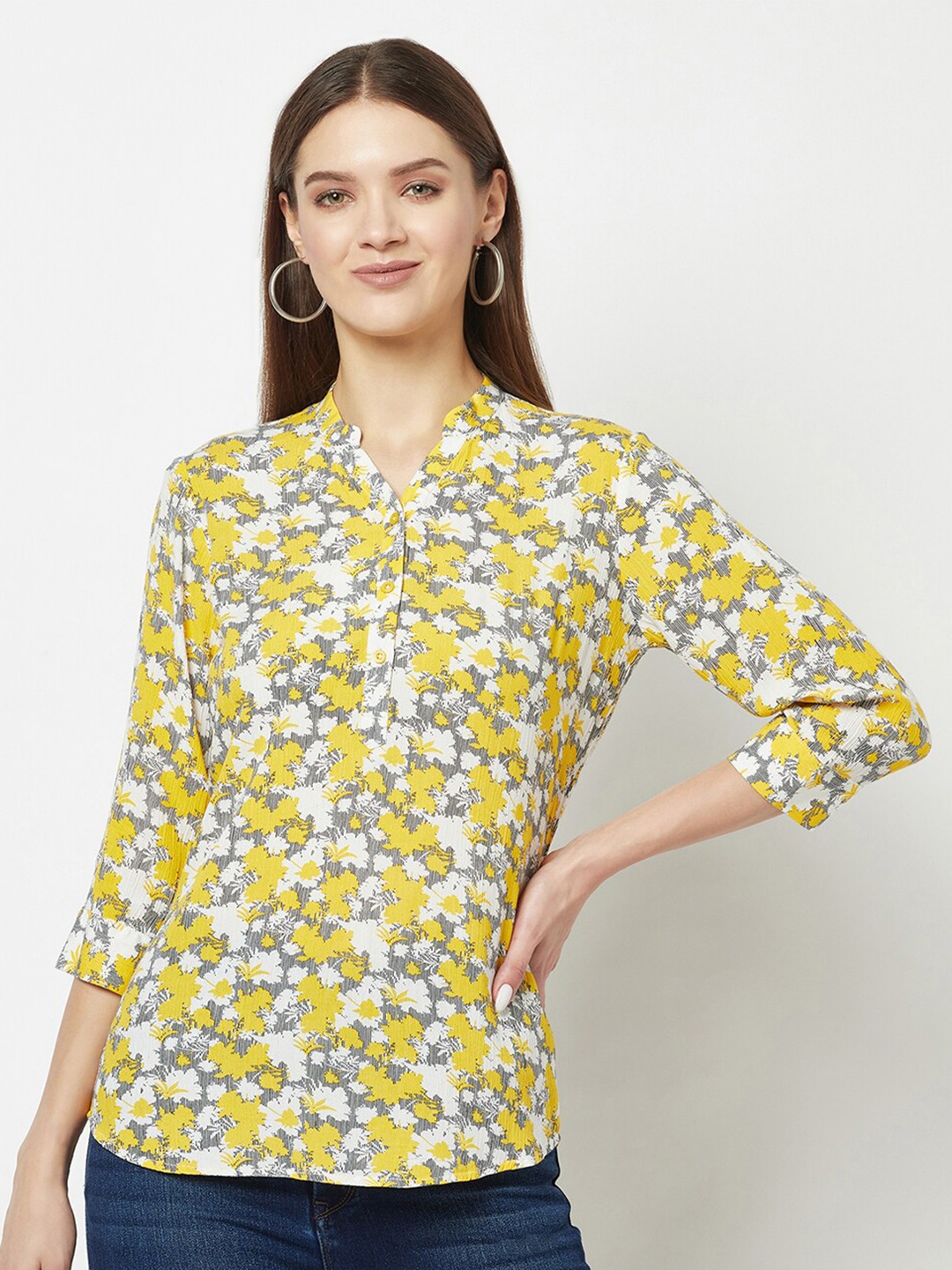 

Crimsoune Club Floral Printed Mandarin Collar Shirt Style Top, Yellow