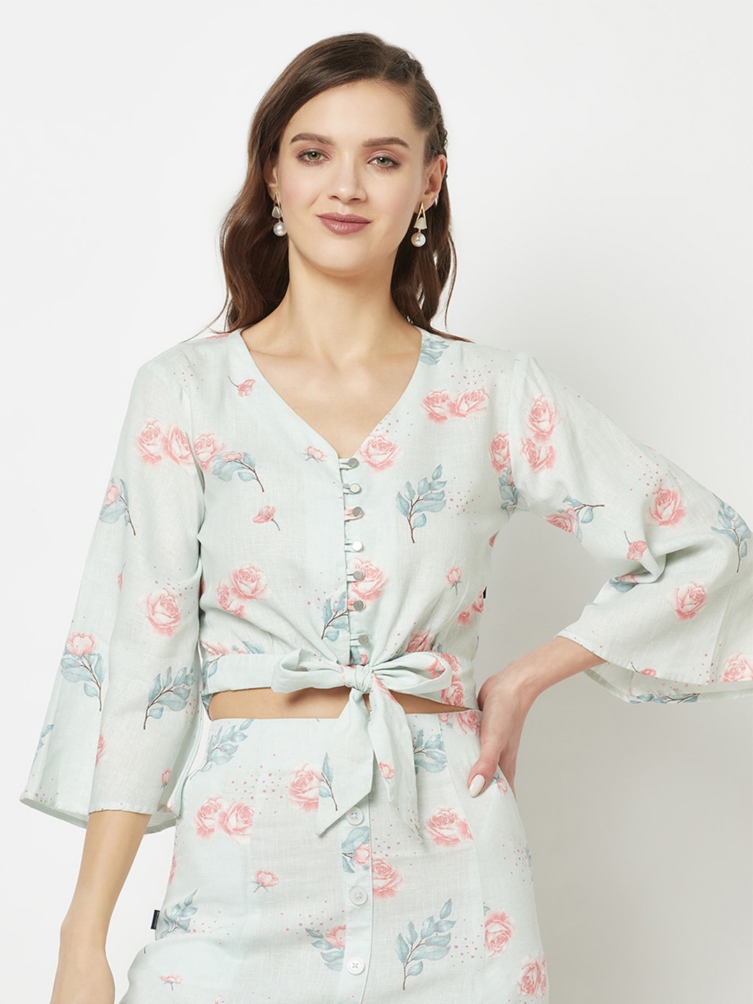 

Crimsoune Club Floral Printed Flared Sleeve Crop Top, Sea green