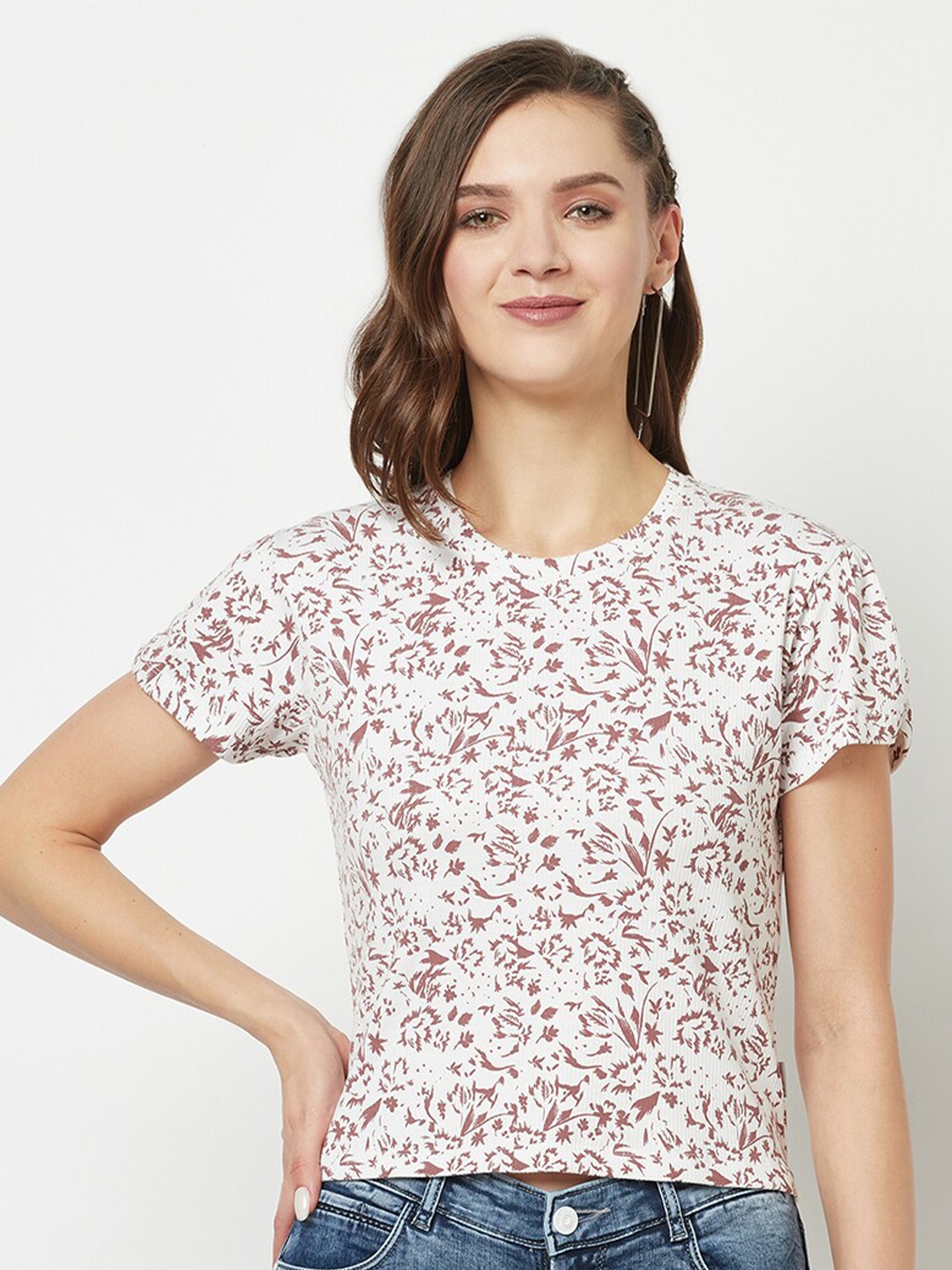 

Crimsoune Club Floral Printed Slim Fit Crop T-Shirt, White