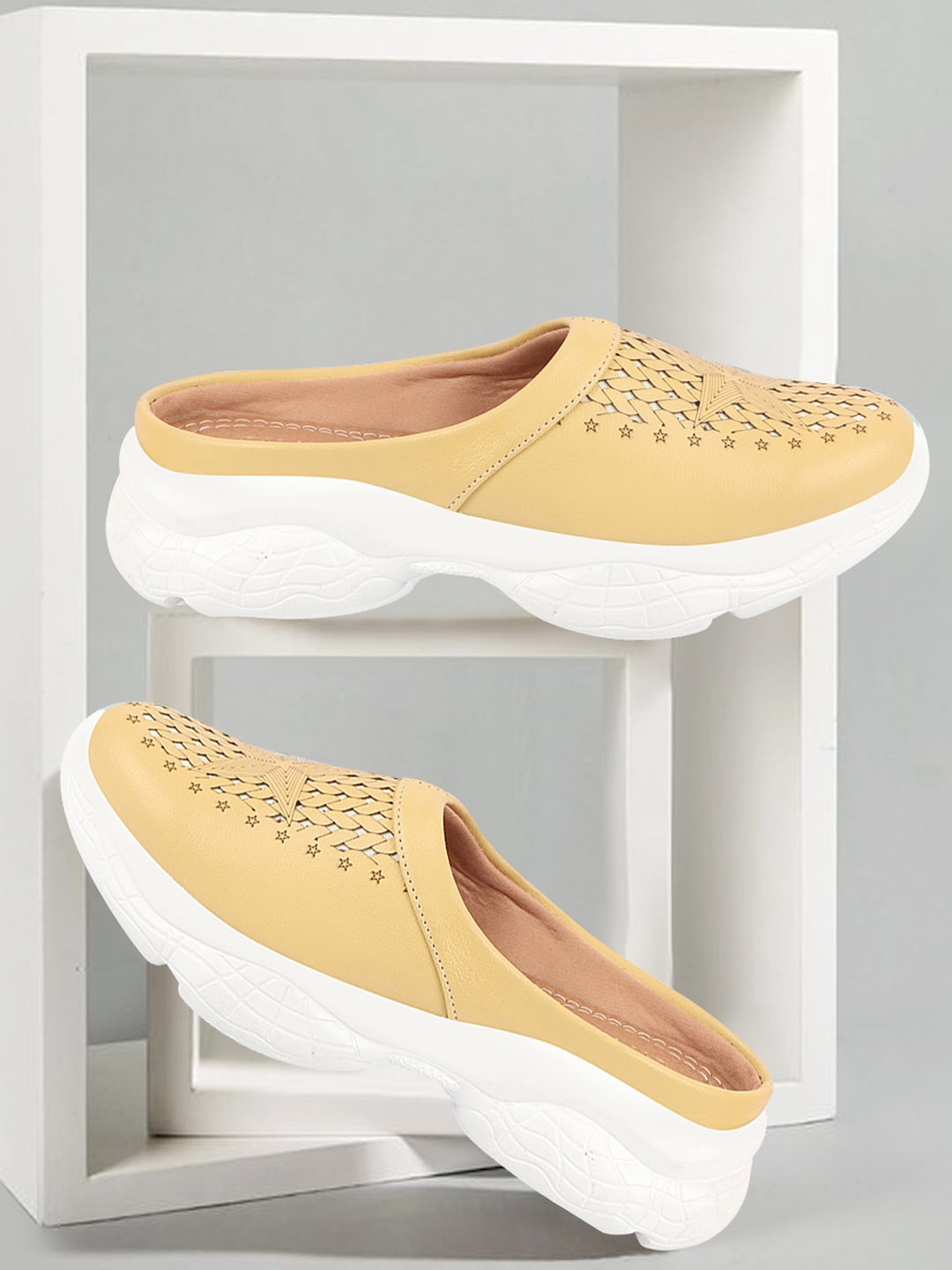 FAUSTO Women Laser Cuts Lightweight Mule Sneakers, Yellow