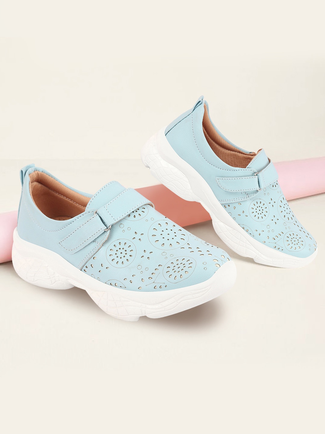 

FAUSTO Women Textured Laser Cuts Lightweight Comfort Insole Contrast Sole Slip-On Sneakers, Blue