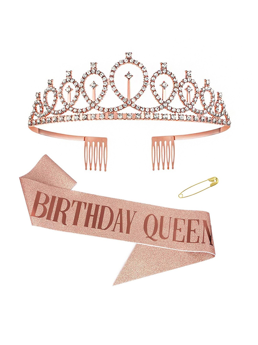 

Yellow Chimes Women 2Pcs Embellished Crown & Birthday Girl Sash, Rose