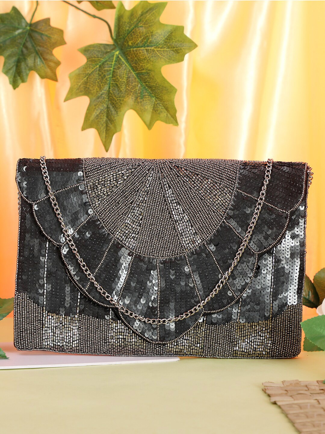 

gaura pakhi Embellished Envelope Canvas Clutch, Black