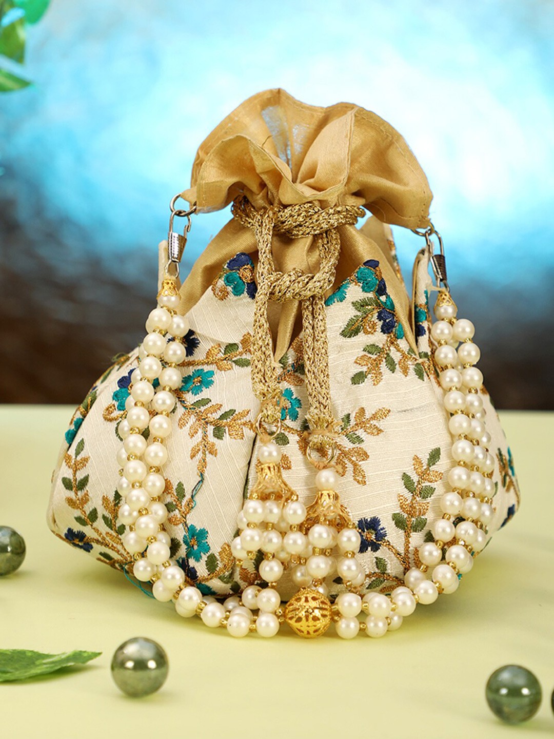 

gaura pakhi Embroidered Beaded Canvas Potli Clutch, Beige