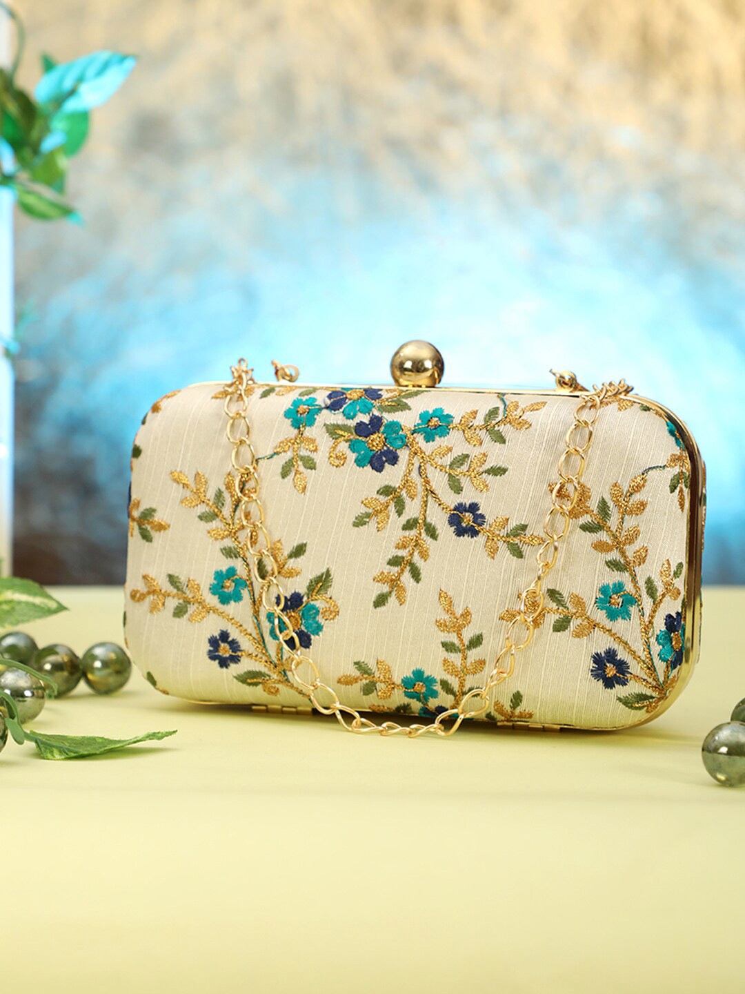 

gaura pakhi Embroidered Box Clutch With Sling Strap, Cream