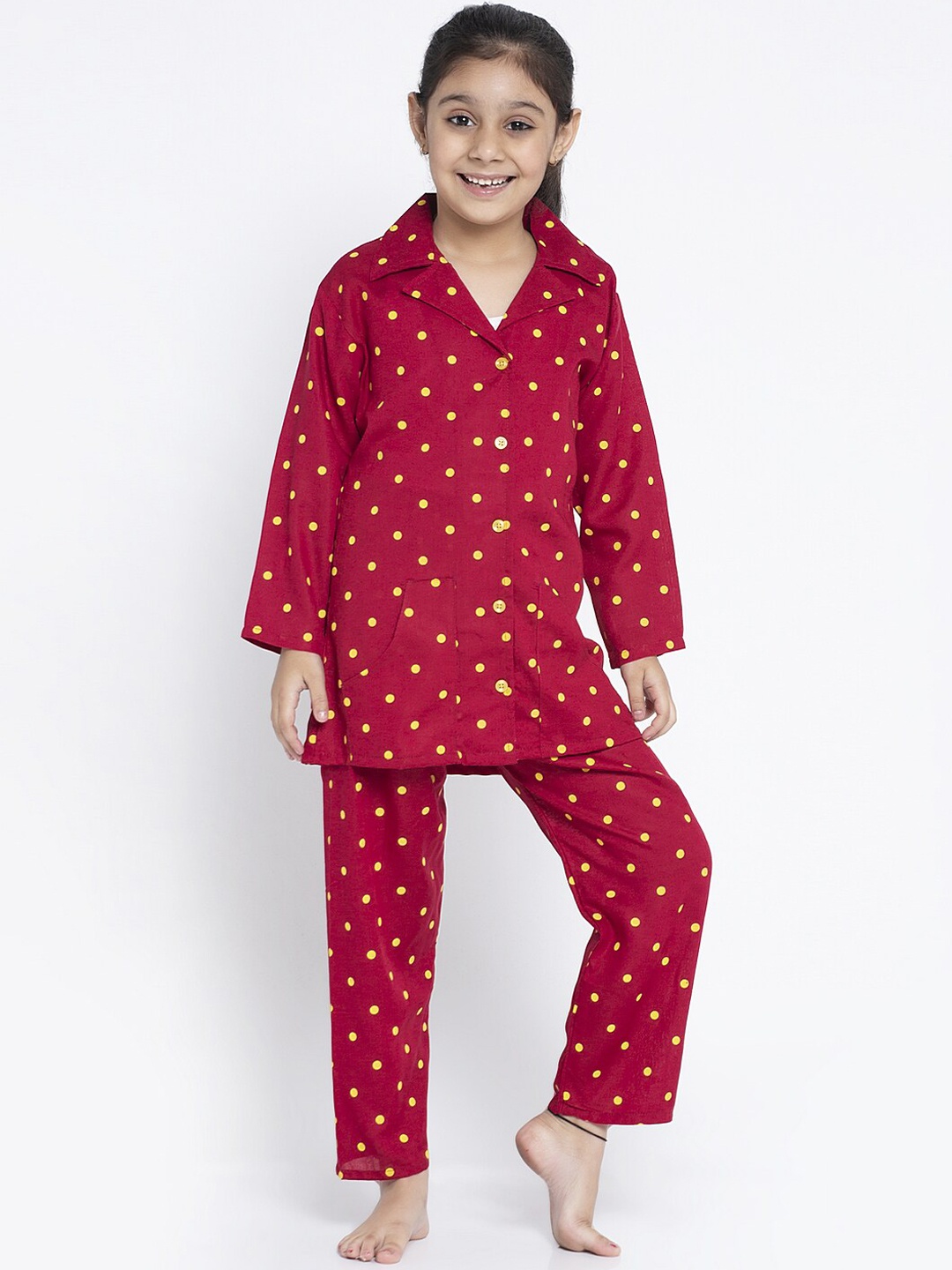 

KYDZI Girls Polka Dots Printed Night Suit, Maroon