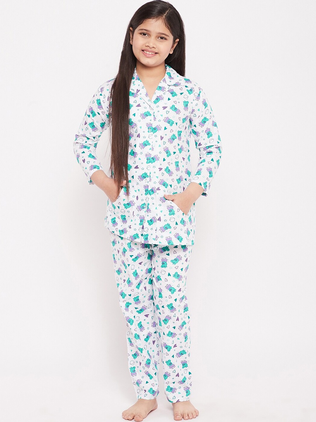 

KYDZI Girls Conversational Printed Pure Cotton Night Suit, Green