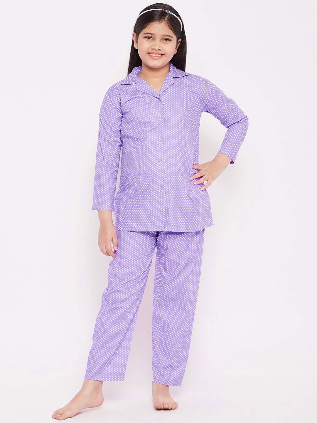 

KYDZI Girls Polka Dots Printed Pure Cotton Night Suit, Purple