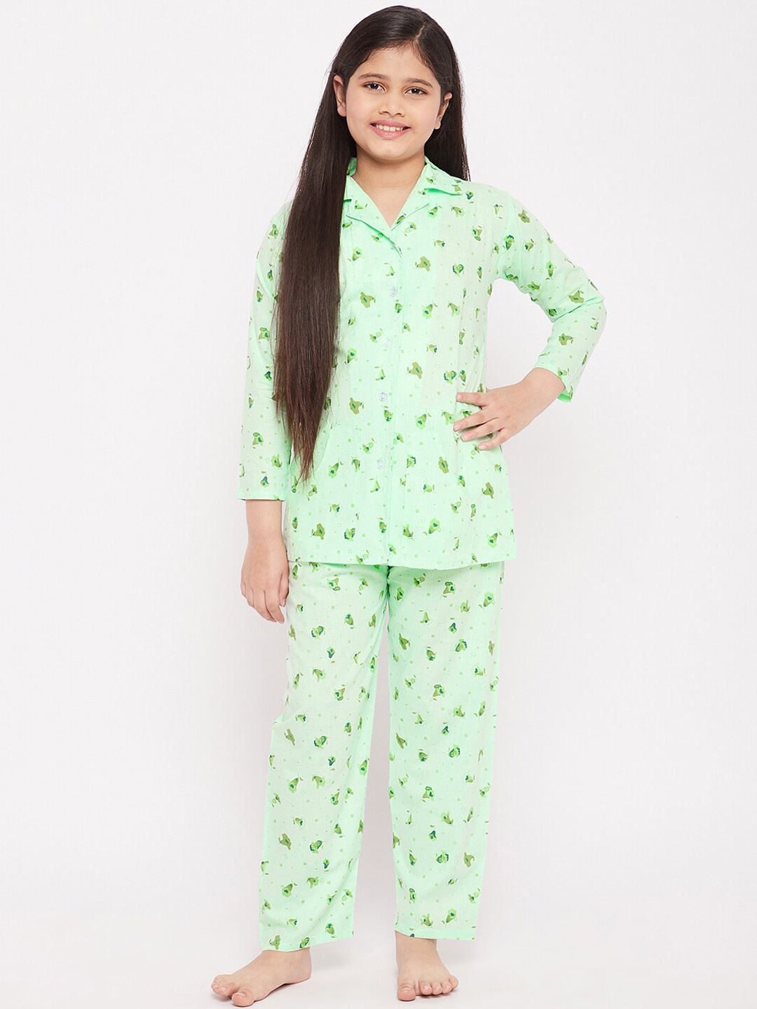 

KYDZI Girls Floral Printed Pure Cotton Night Suit, Green