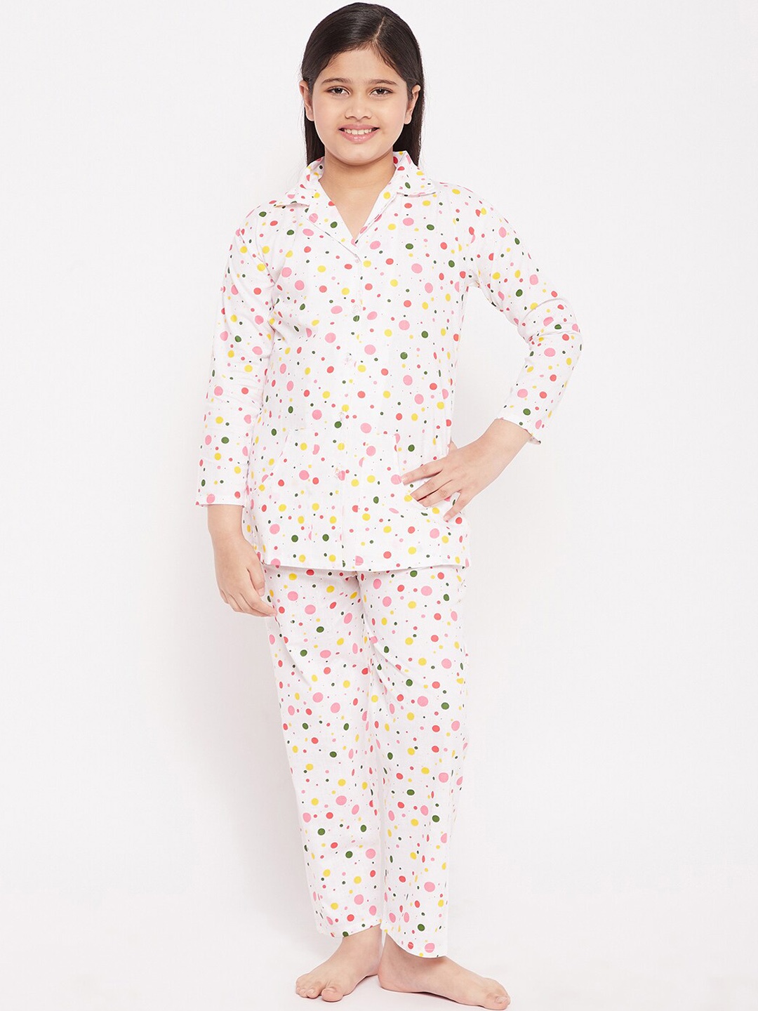 

KYDZI Girls Polka Dots Printed Pure Cotton Night Suit, White