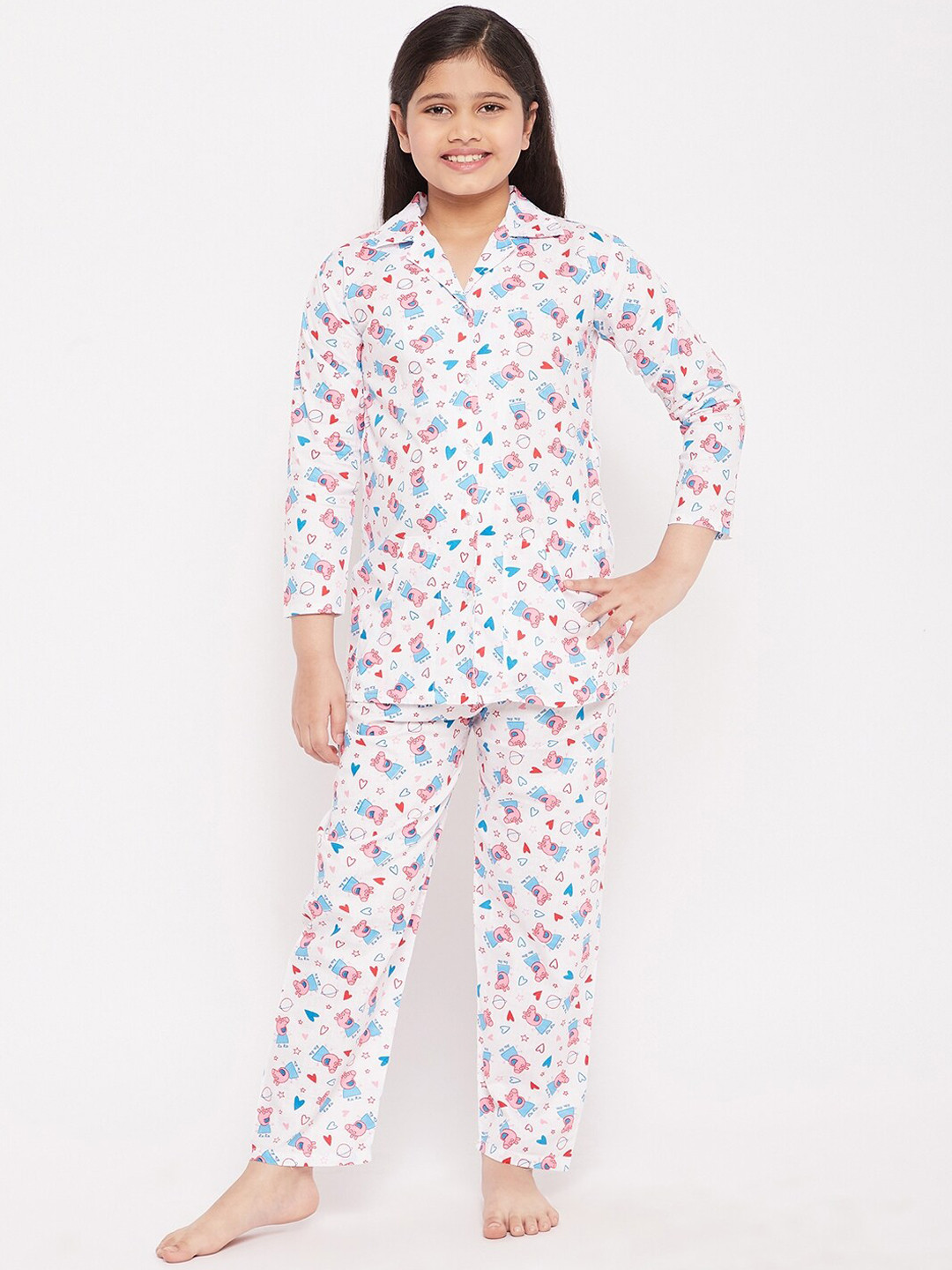 

KYDZI Girls Conversational Printed Pure Cotton Night Suit, White