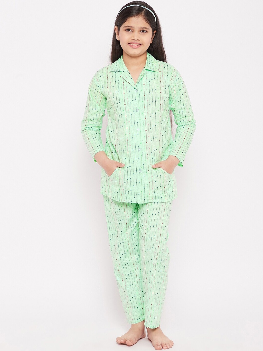 

KYDZI Girls Striped Pure Cotton Night Suit, Green