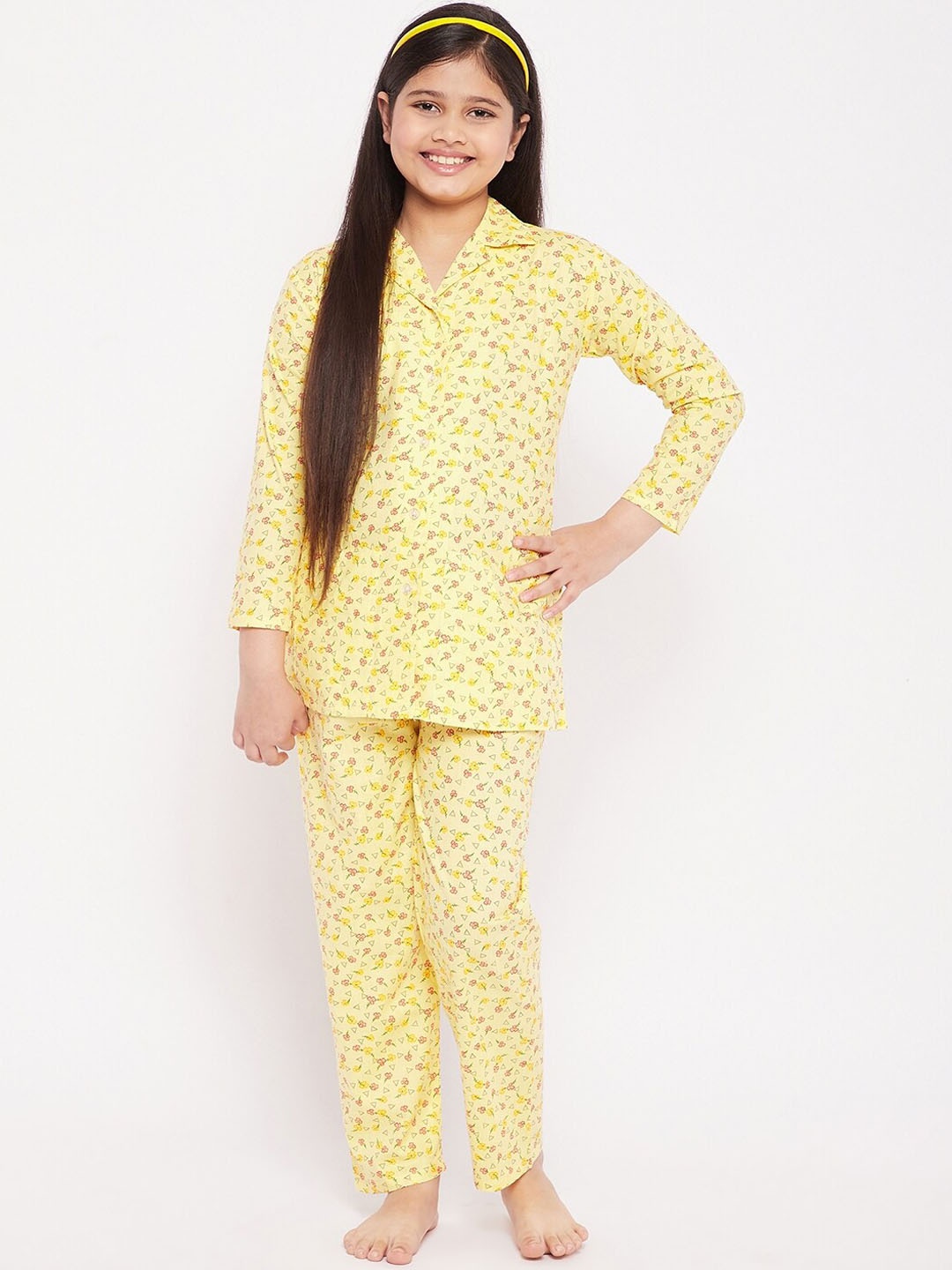 

KYDZI Girls Floral Printed Pure Cotton Night Suit, Yellow