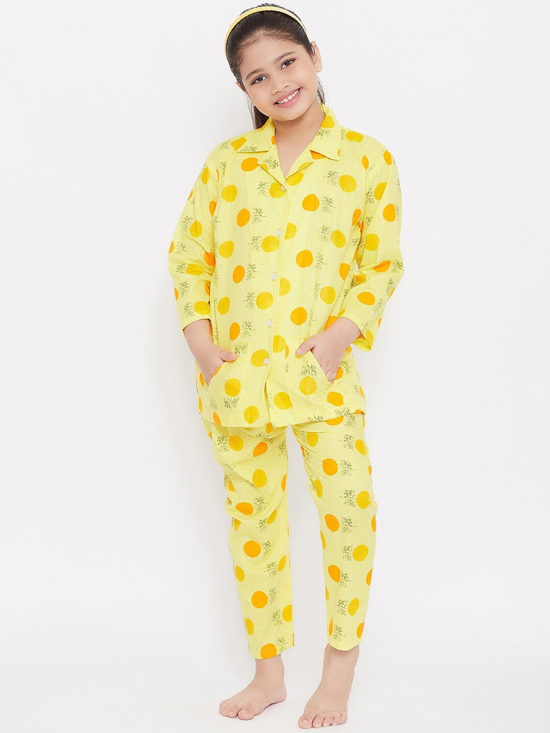 

KYDZI Girls Polka Dots Printed Night Suit, Yellow