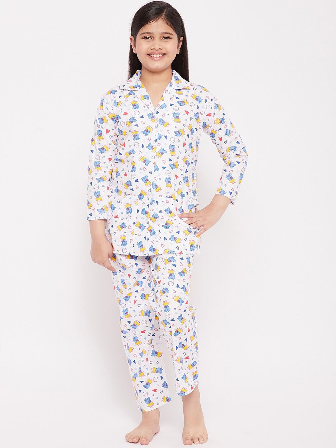 

KYDZI Girls Conversational Printed Pure Cotton Night Suit, White