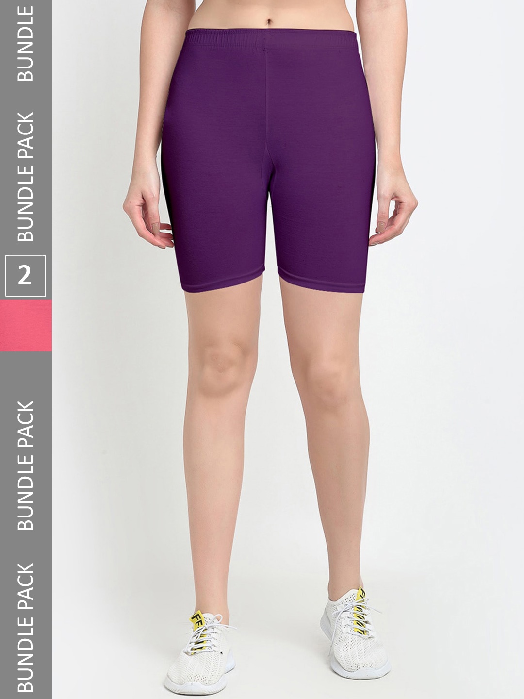 

Jinfo Women Pack of 2 Mid-Rise Cotton Lycra Cycling Sports Shorts, Purple