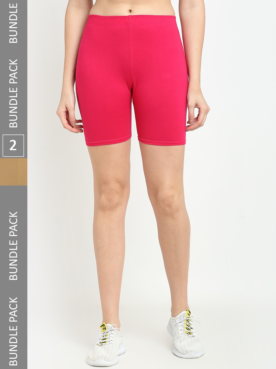 

Jinfo Women Pack of 2 Mid-Rise Cotton Lycra Cycling Sports Shorts, Pink