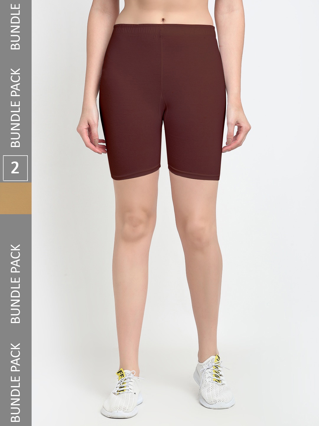 

Jinfo Women Pack of 2 Mid-Rise Cotton Lycra Cycling Sports Shorts, Coffee brown
