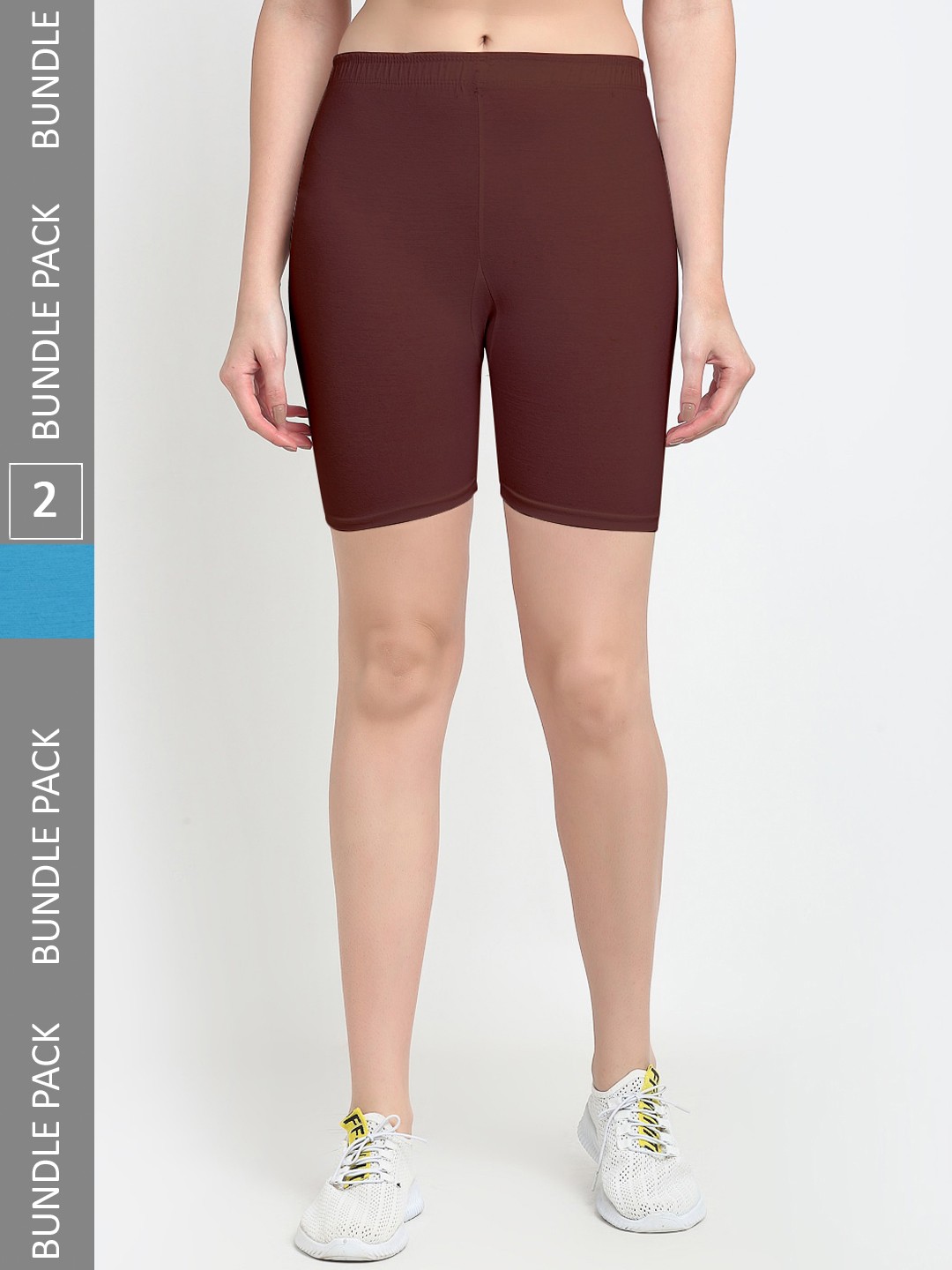 

Jinfo Women Pack of 2 Mid-Rise Cotton Lycra Cycling Sports Shorts, Brown