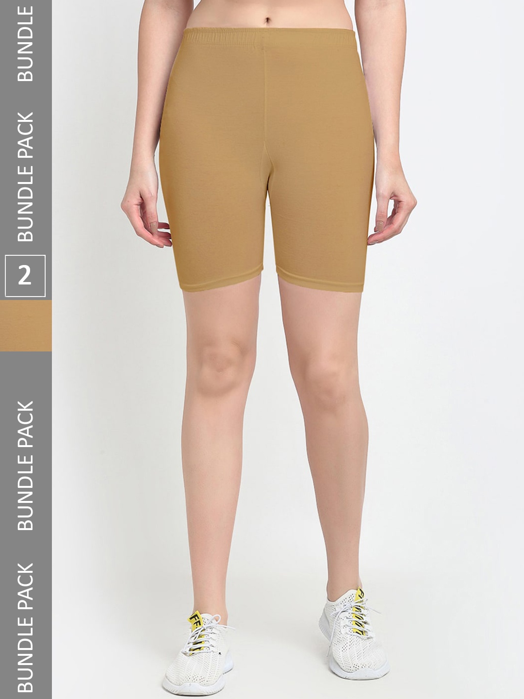 

Jinfo Women Pack Of 2 Cotton Lycra Cycling Sports Shorts, Beige