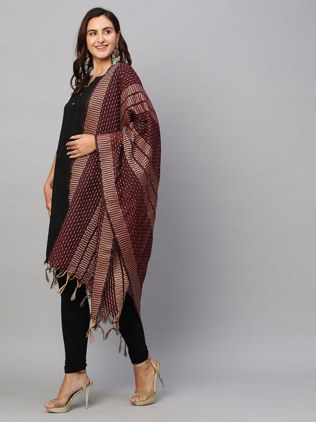 

all about you Maroon & Gold-Toned Ethnic Motifs Woven Design Dupatta With Tasselled Border