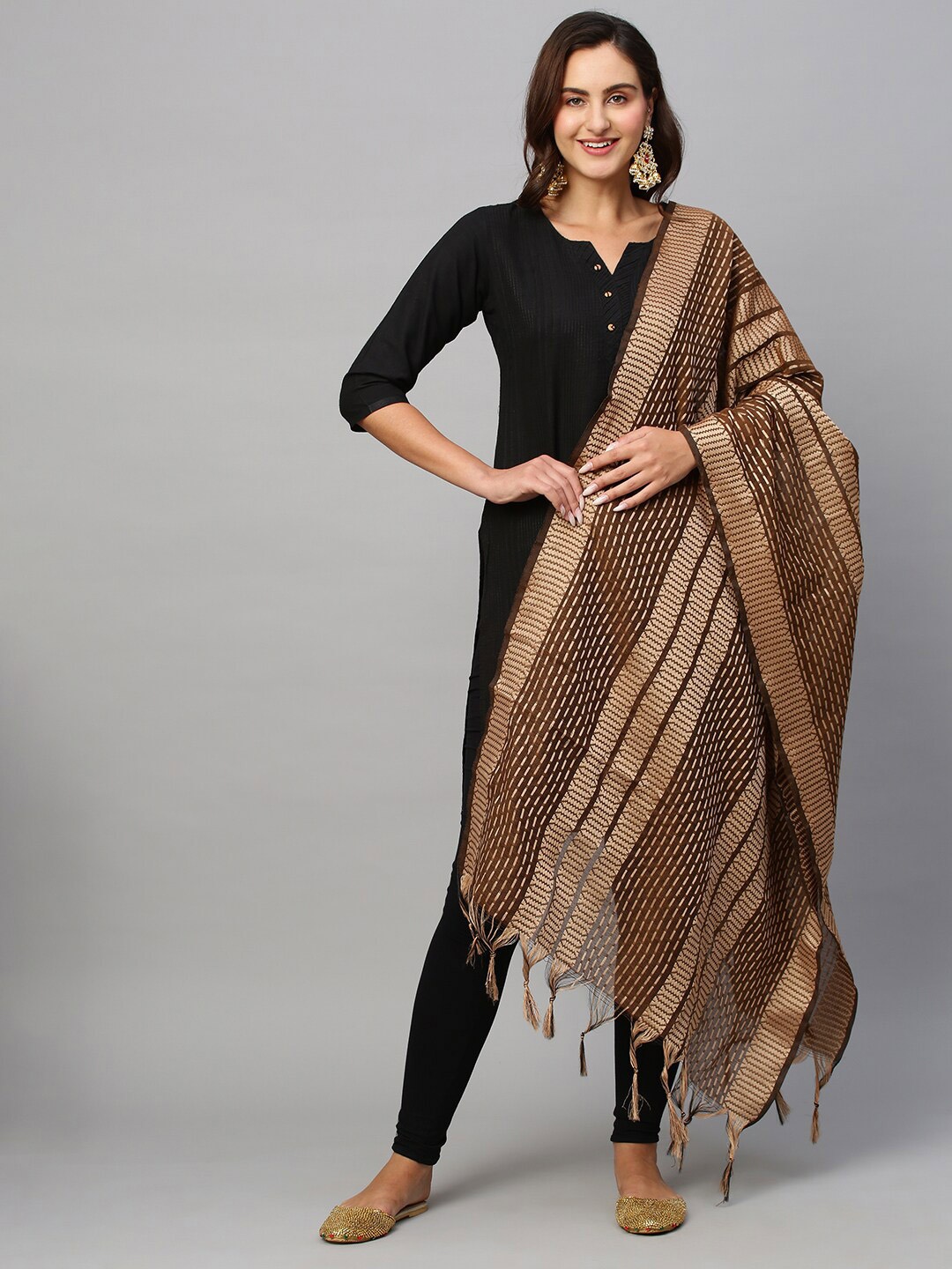 

all about you Brown & Gold-Toned Ethnic Motifs Woven Design Dupatta With Tasselled Border