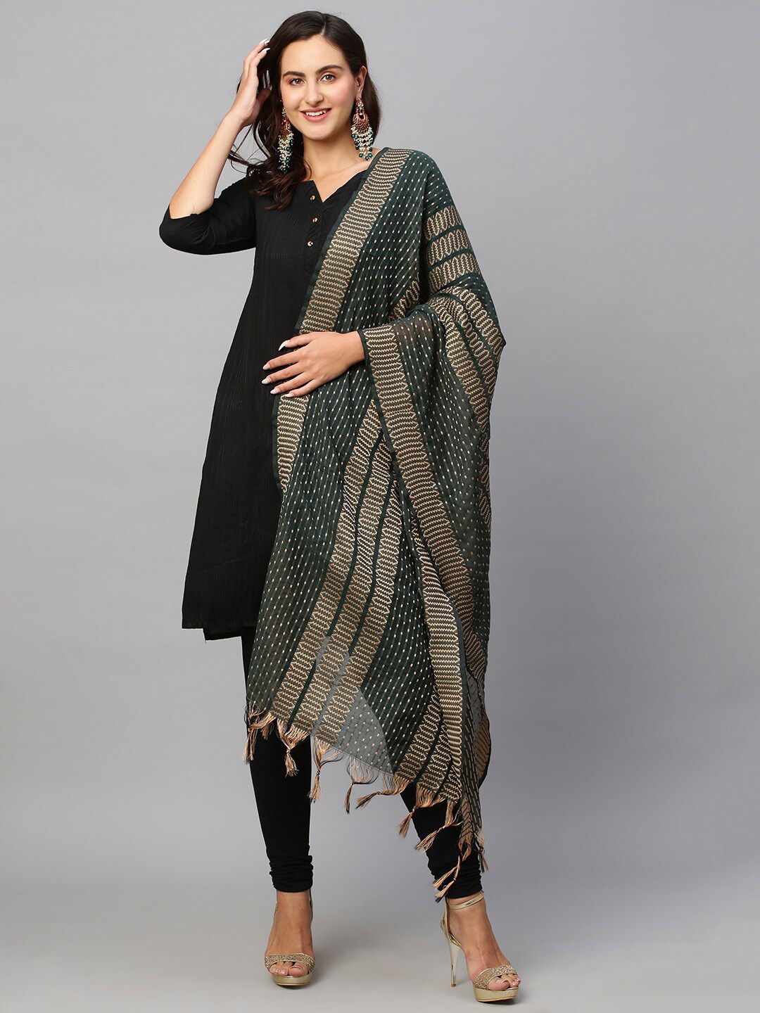 

all about you Green & Gold-Toned Ethnic Motifs Woven Design Dupatta With Tasselled Border