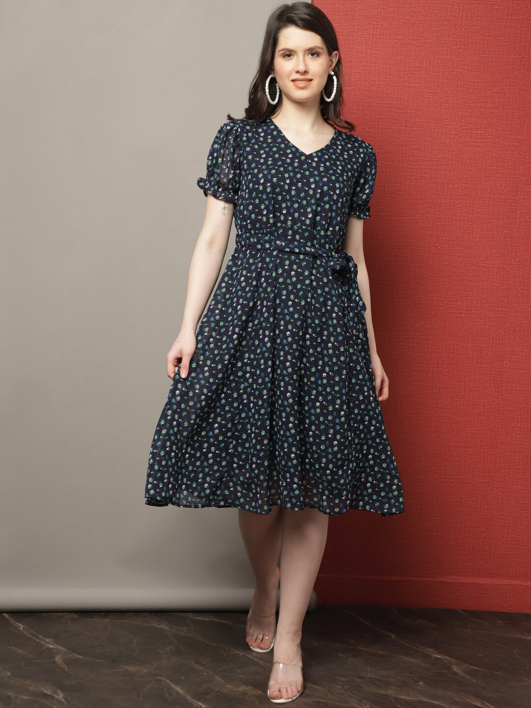 

GRACIT Floral Print Georgette A-Line Dress, Navy blue