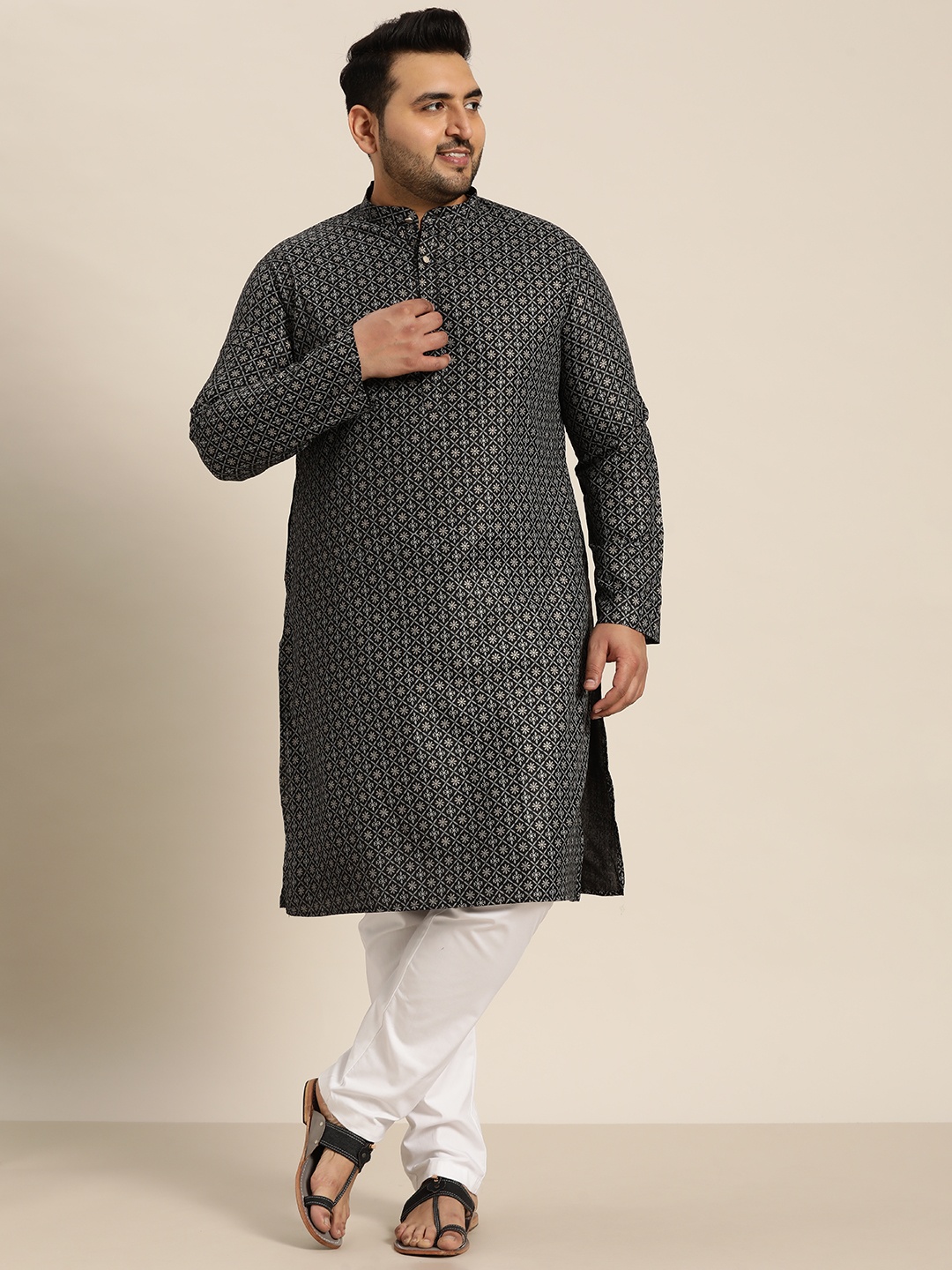 

SOJANYA PLUS Men Plus Size Ethnic Motifs Printed Kurta, Black